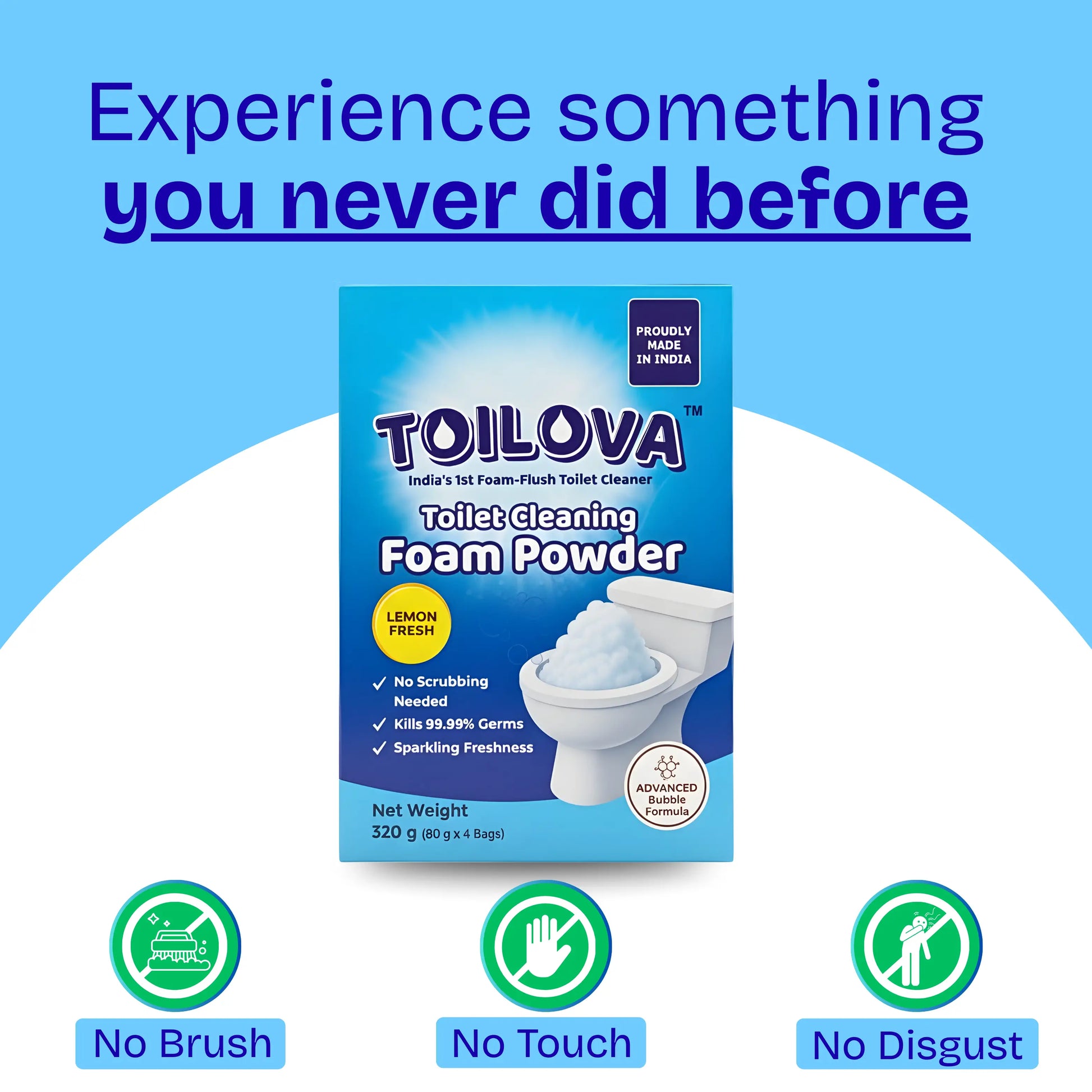 Toilova Toilet Cleaning Foam Powder packaging with promotional text on a blue background