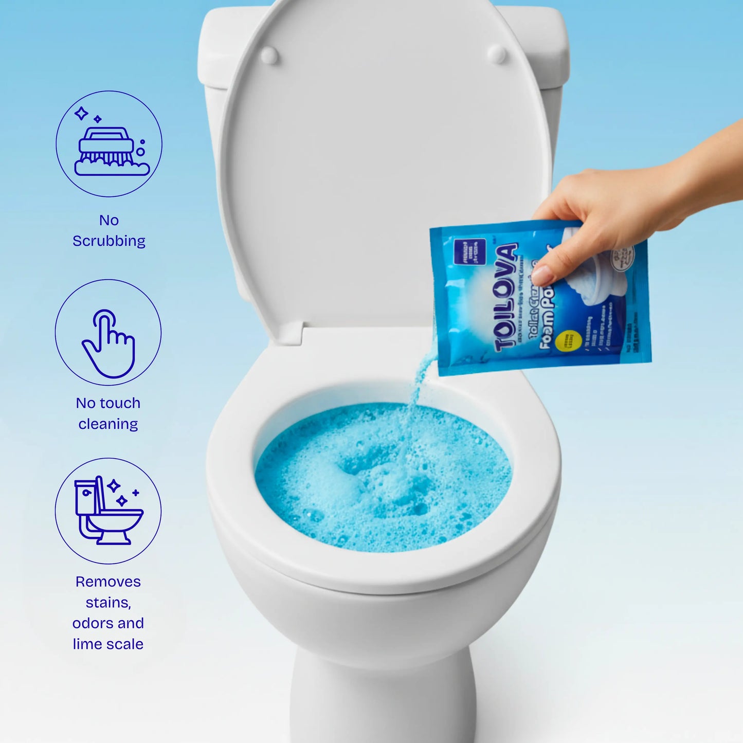 Person pouring a blue packet into a toilet with cleaning benefits displayed on a light blue background