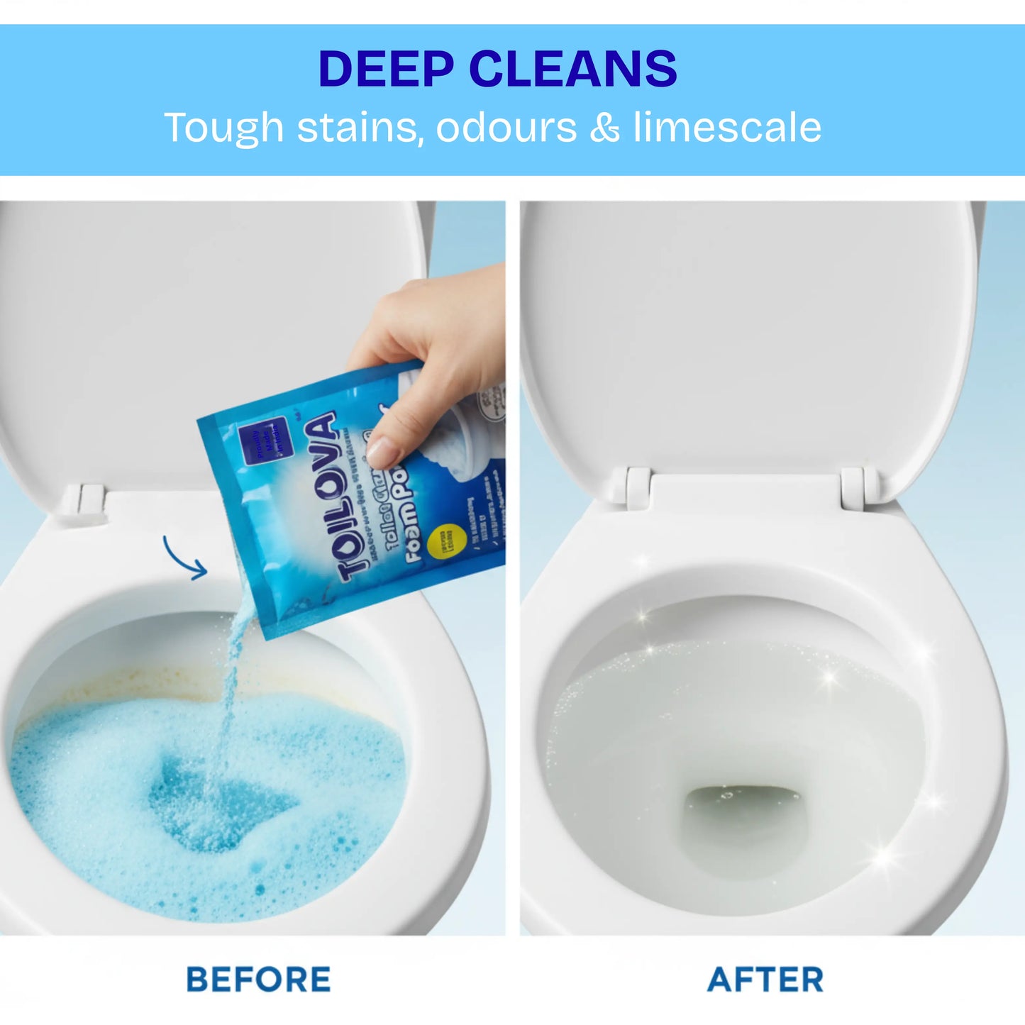 Toilova toilet cleaning product being used to clean a toilet, with 'Before' and 'After' comparisons.