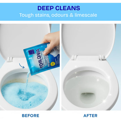 Toilova toilet cleaning product being used to clean a toilet, with 'Before' and 'After' comparisons.