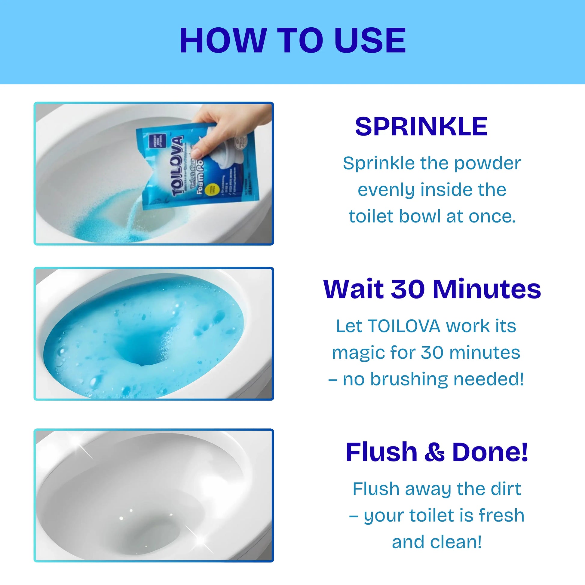Instructions for using TOILOVA toilet cleaning product with step-by-step images and text.