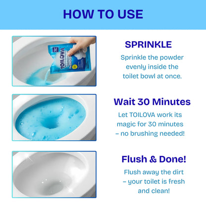 Instructions for using TOILOVA toilet cleaning product with step-by-step images and text.