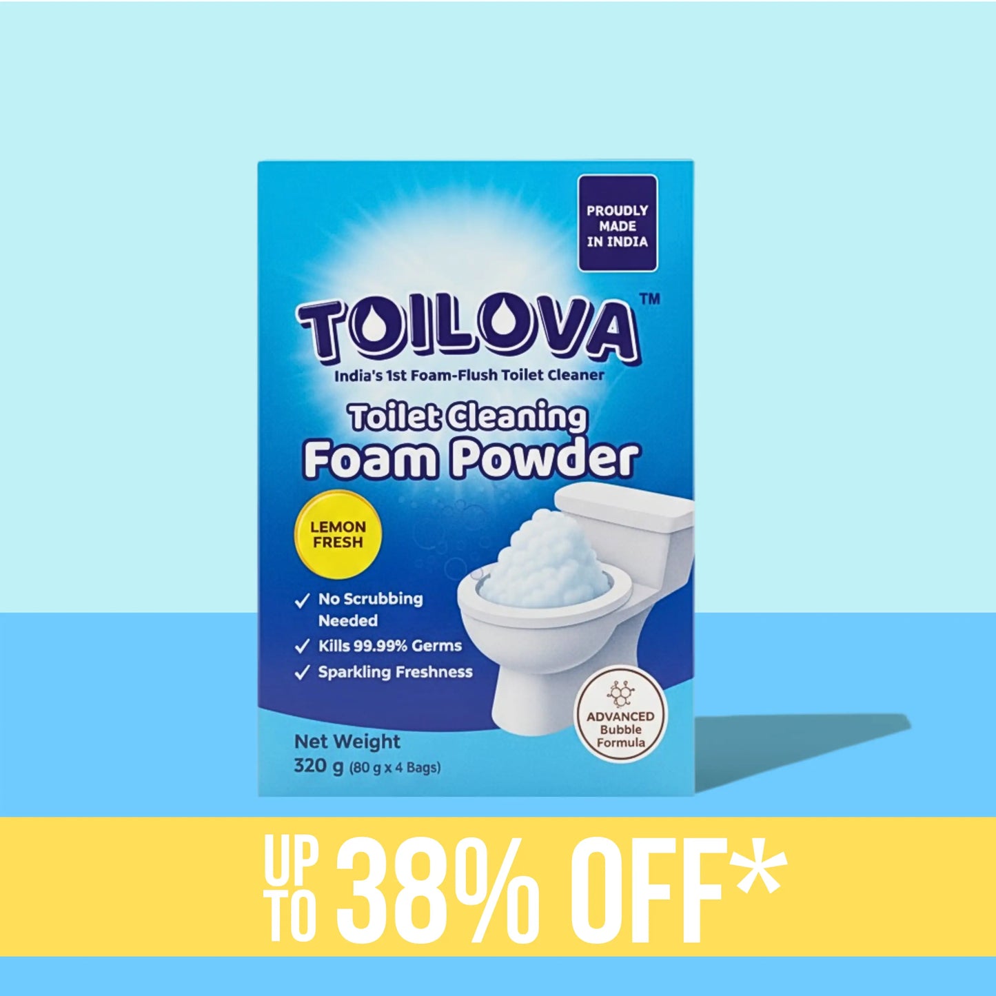 Toiloova toilet cleaning foam powder packaging on a blue background with promotional text.
