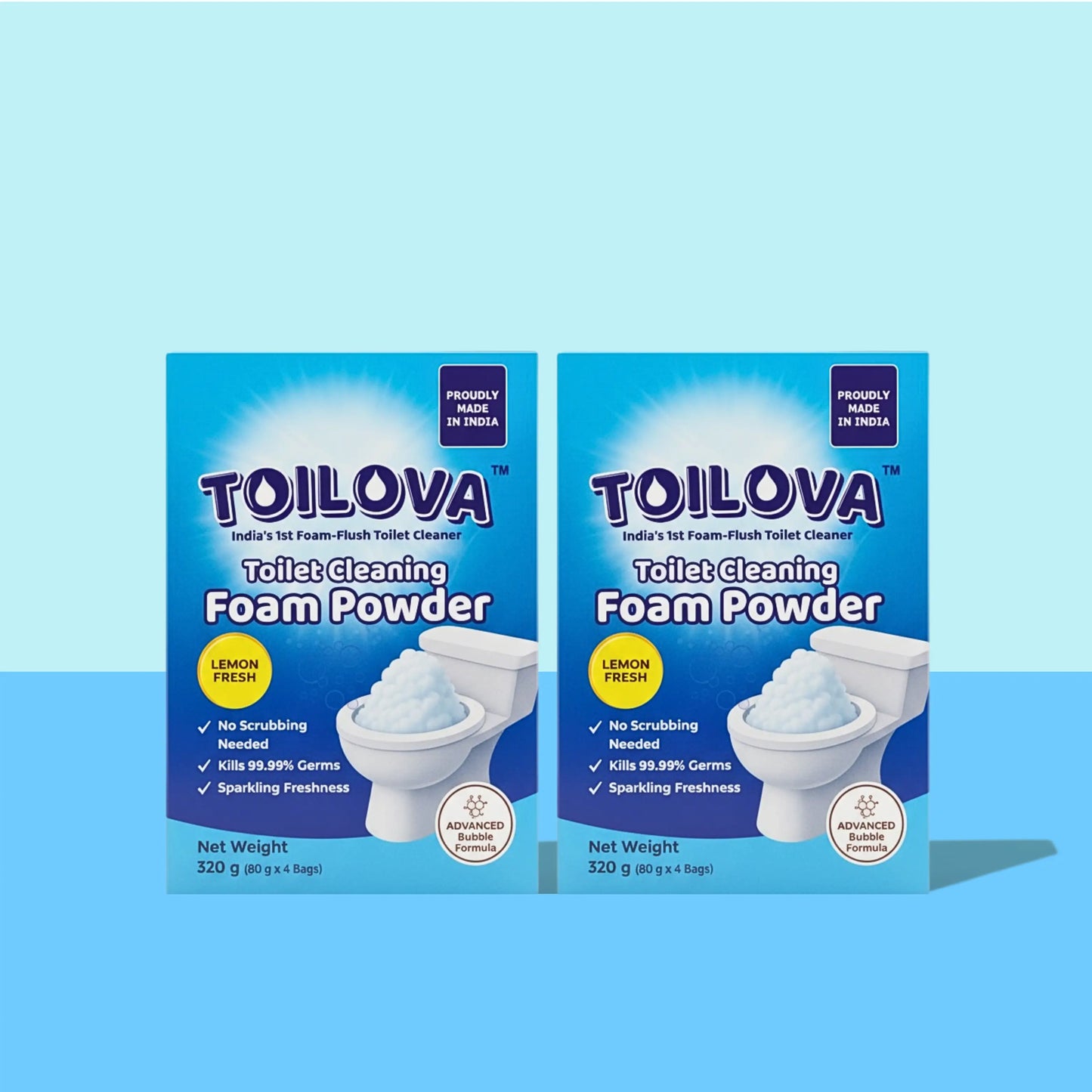 Two boxes of TOILOVA Toilet Cleaning Foam Powder on a light blue background