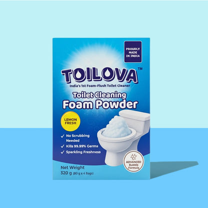 TOILOVA toilet cleaning foam powder packaging on a blue background