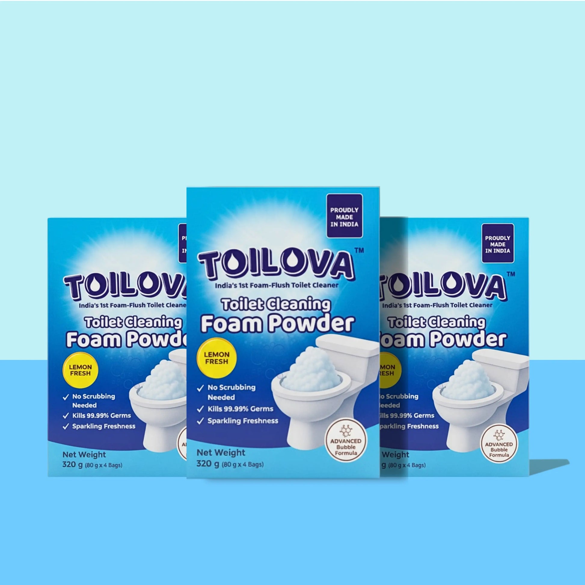 Three boxes of TOILOVA Toilet Cleaning Foam Powder on a blue background