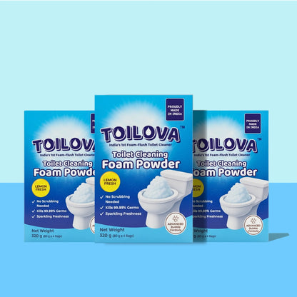 Three boxes of TOILOVA Toilet Cleaning Foam Powder on a blue background